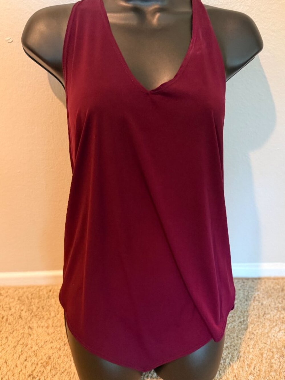First Love Burgundy Wine Draped Handkerchief Tank Top Open Back